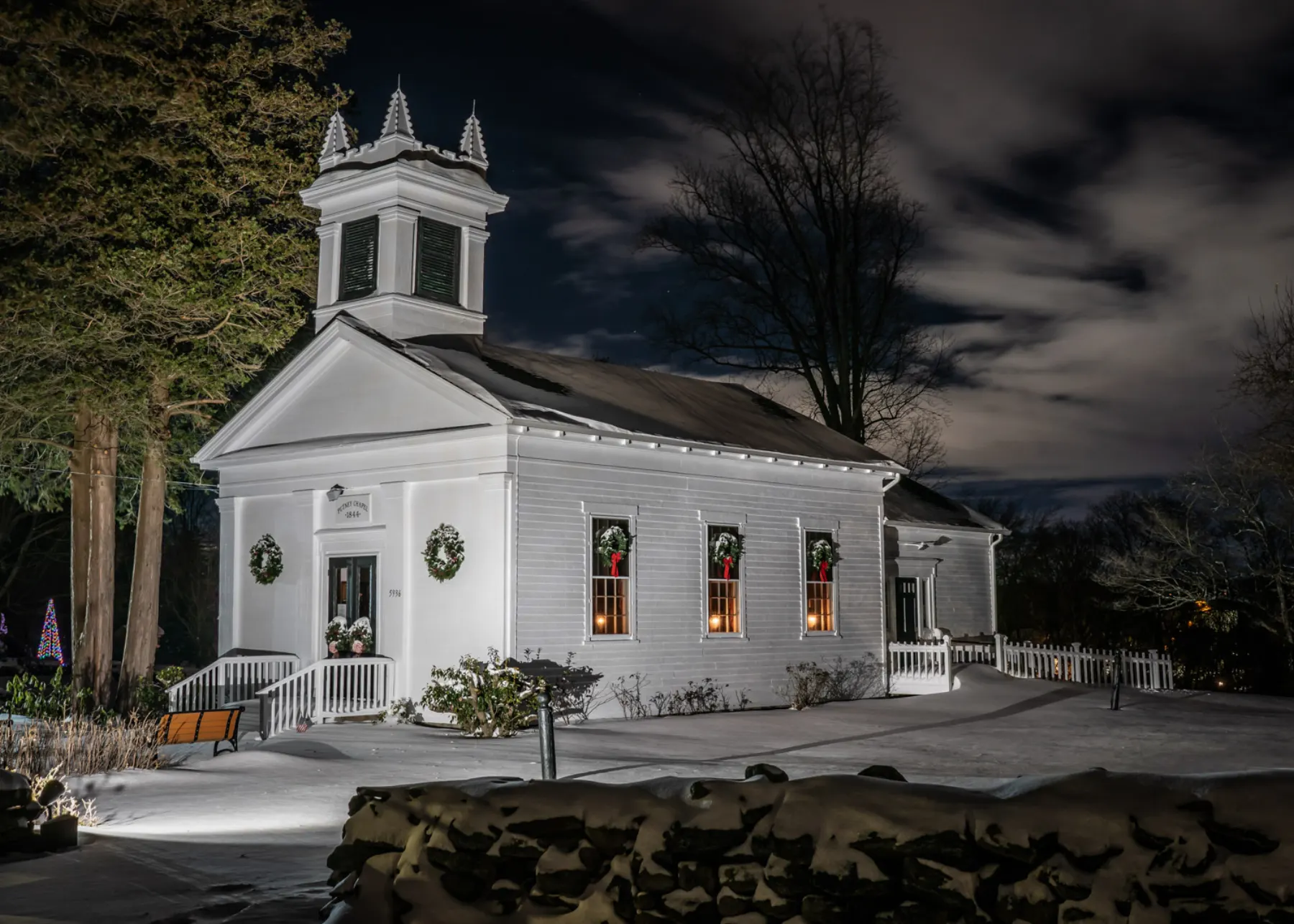 Putney Chapel illuminated after snowfall