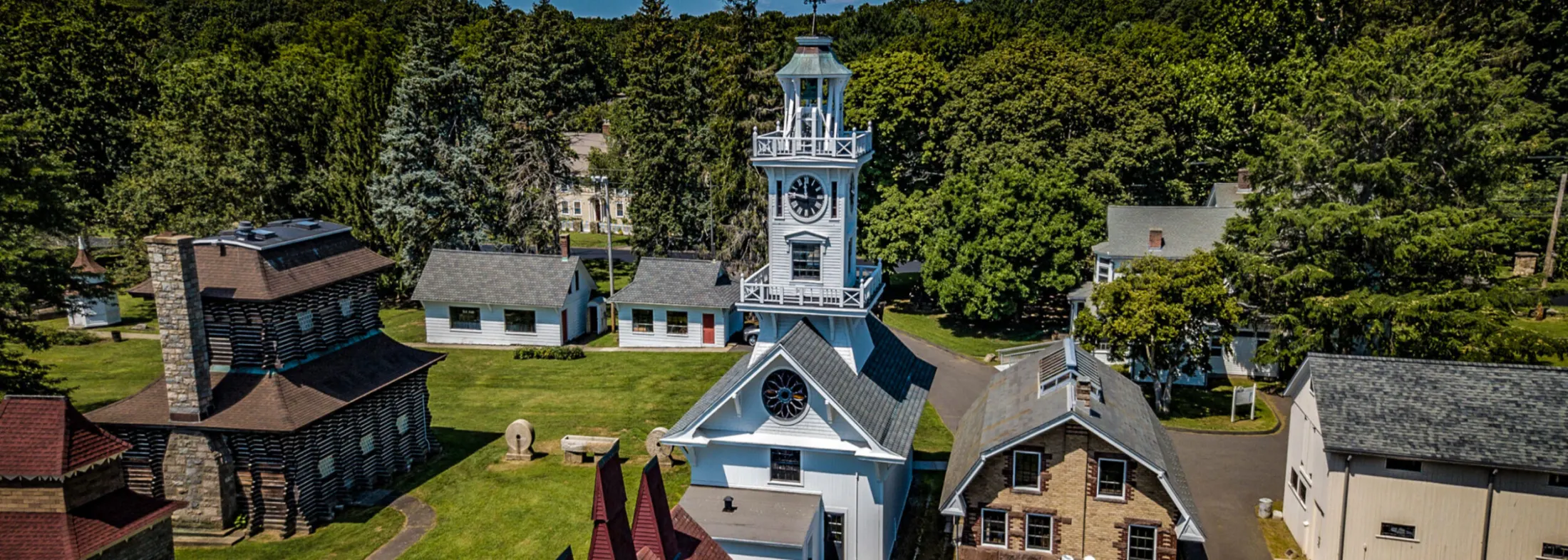 Aerial view of Boothe Park museum buildings and grounds
