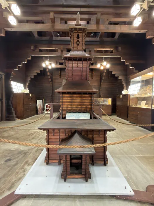 Close view of the wooden architectural model inside the Redwood Building